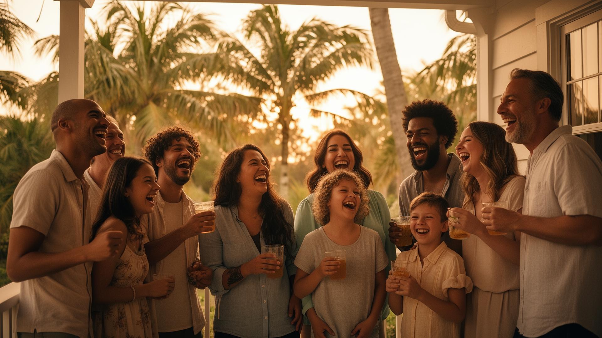 Friends and family laughing together on a Florida porch