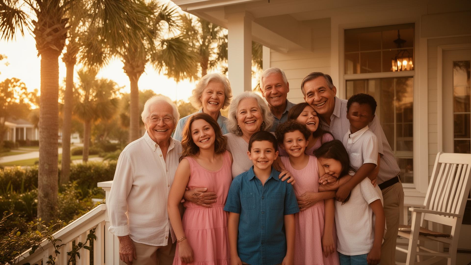 Happy multigenerational Florida family on their porch
